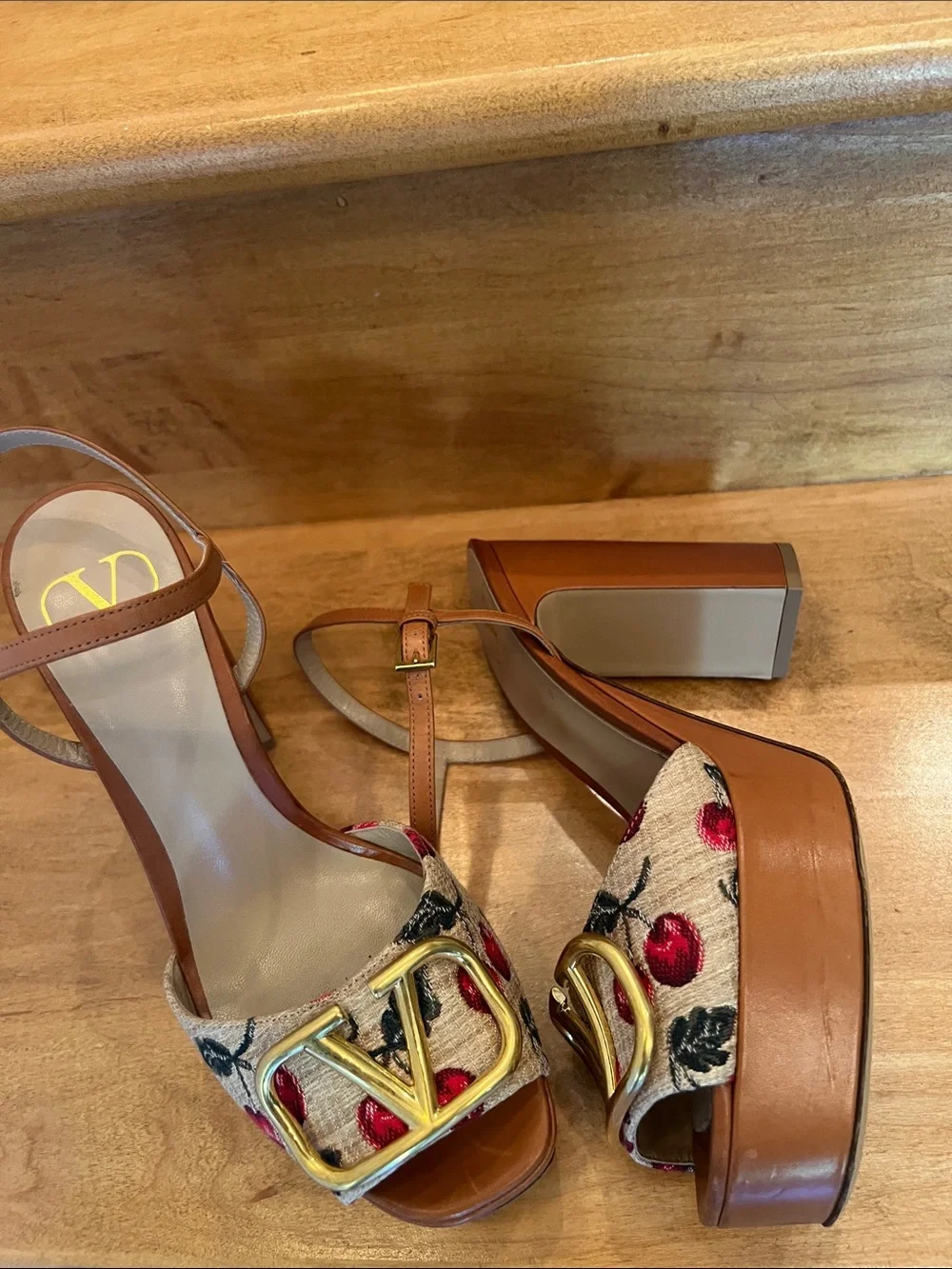 Valentino Garavani Brown Leather Slingback Sandals with Red Cherry Embroidery